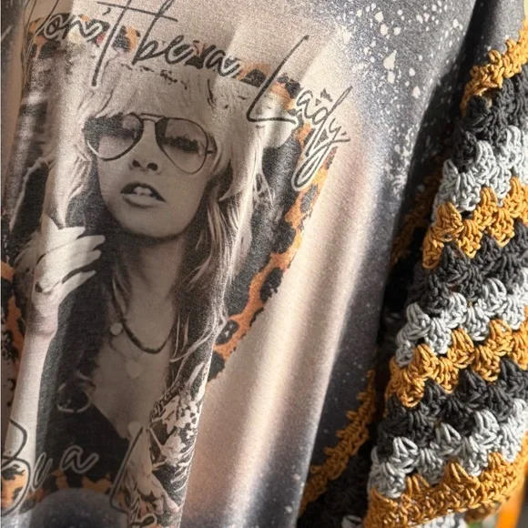 Graphic Crochet-Trim Poncho Tunic - Charcoal & Mustard - Picture 3 of 5